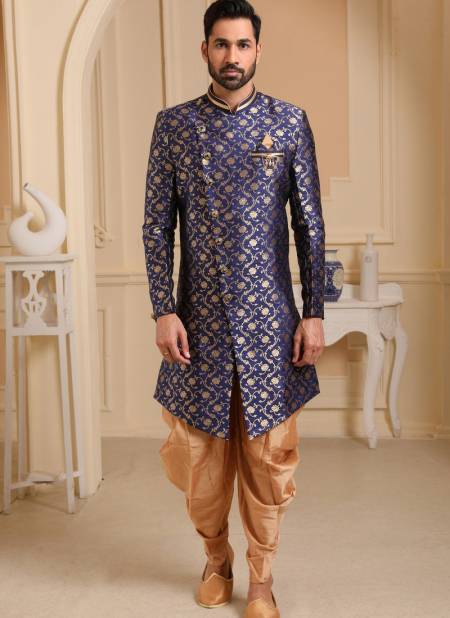 Navy Blue Colour Jacquard Silk Digital Print Party Wear Indo Western Mens Collection 9213